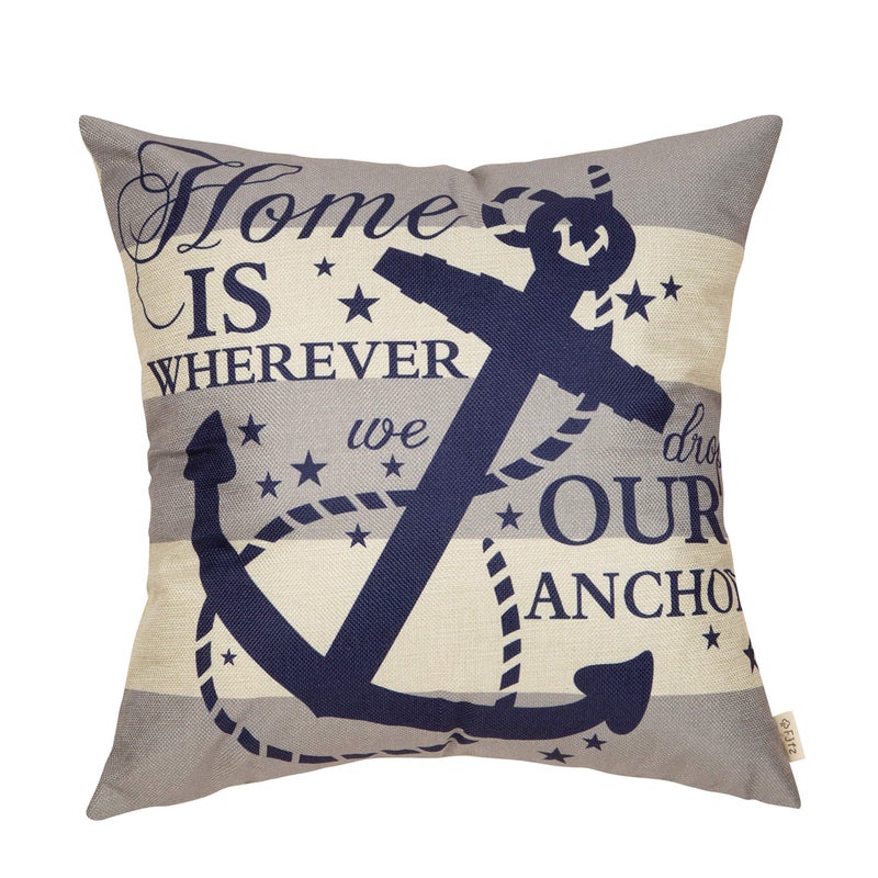 Fjfz Nautical Farmhouse Decorative Throw Pillow Cover 18x18 Home is Wherever We Drop Our Anchor Quote Sign Summer Ocean Cruise Lover Decoration Home Decor Cotton Linen Cushion Case for Sofa Couch - Image 1